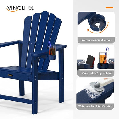 VINGLI Plastic Folding Adirondack Chair with Cup Holder, 100% Recyclable HDPE Material, Comfortable 380lb Weight Capacity for Outdoor Pool Patio Lounge Chair Lawn Furniture Fire Pit, 2 Pack, Navy Blue