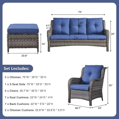 Rilyson Wicker Patio Furniture Set - 7 Piece Rattan Outdoor Sectional Conversation Sets with 1 Sofa,4 Armrest Chairs and 2 Ottomans for Porch Deck Garden(Mixed Grey/Blue)