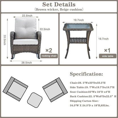 Belord Wicker Porch Rocking Chairs - 3 Pieces Patio Bistro Set High Back Outdoor Rocker Chairs Set with Side Table for Deck Balcony Brown/Beige