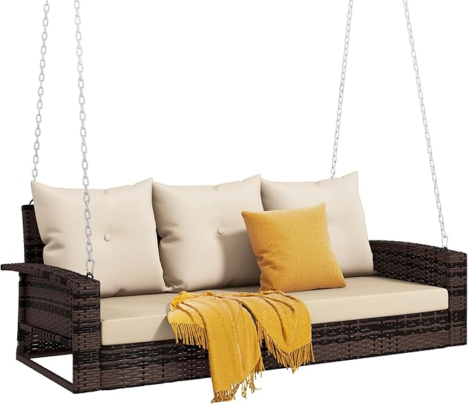 DWVO 3 Seats Porch Swing Hanging Bench Swing Outdoor Wicker Patio Swing Lounge Front Rattan 794lbs for Garden, Balcony - Photo 7