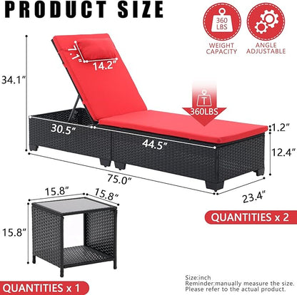 3 PCS Patio Chaise Lounge with Coffee Table Cushion&Pillow Outdoor Lounge Chair Chaise Lounger Patio Reclining Chair 5 Angle Adjustment Black PE Rattan for Courtyards Poolside Garden(red)