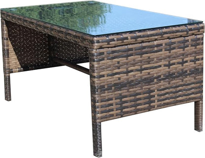Outdoor Coffee Wicker Table with Clear Tempered Glass Top, Brown Rattan Patio Side Furniture, Weather-Resistant Garden Table with 180lb Capacity for Patio or Garden