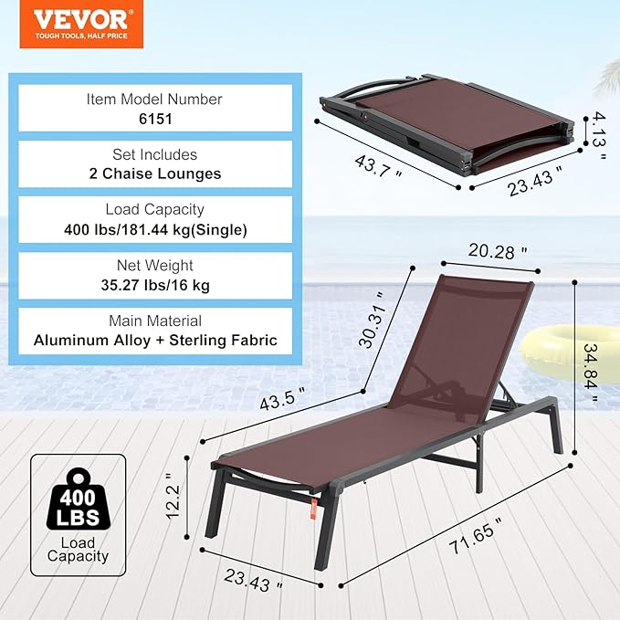 VEVOR 2 Pcs Chaise Lounge Chairs Outdoor, Aluminum Patio Lounge Chair with Adjustable 5-Position - Photo 3