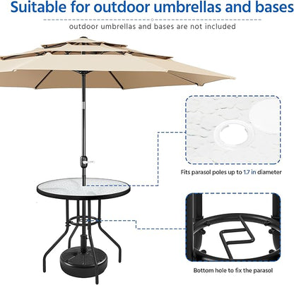 Yaheetech 27.4'' Patio Bistro Table Round Outdoor Coffee Table, Round Tempered Glass Top with 1.7'' Umbrella Hole, Iron Frame for Balcony Backyard Lawn and Garden