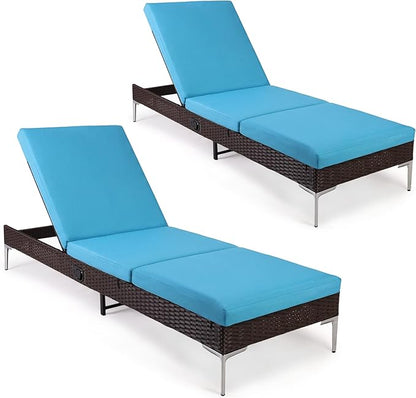 HOMREST Outdoor Lounge Chairs Set of 2, Patio Wicker Chaise Lounge with Removable Cushion, Rattan Pool Sunbathing Recliners with Adjustable Backrest (Turquoise)