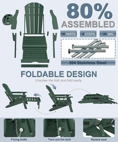 Adjustable Adirondack Chair with Retractable Ottoman Set of 6, HDPE Folding Adirondack Chair with Cup Holder, All Weather Fire Pit Chair for Outdoor.