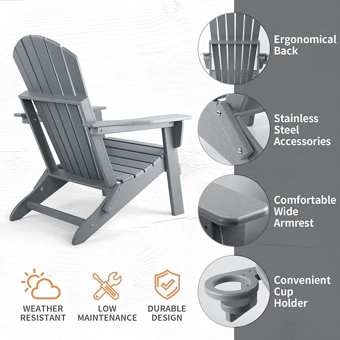 FUNBERRY Folding Adirondack Chair Set of 4, All Weather HDPE Fire Pit Chairs with Cup Holder for Outdoor - Photo 8