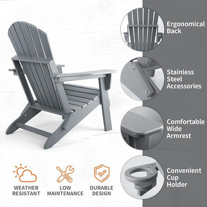 FUNBERRY Folding Adirondack Chair, HDPE All Weather Fire Pit Chairs with Cup Holder for Outdoor