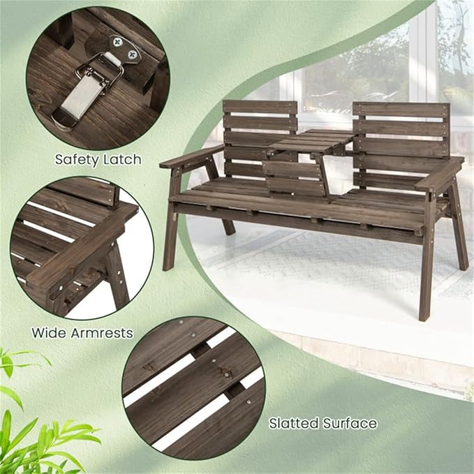 Rustic Outdoor Wooden Bench with Foldable Middle Table,63" 2-3 Persons Porch Bench with Wide Armrests and Slatted Surface,710 LBS Capacity Fir Wood Garden Bench,Coffee