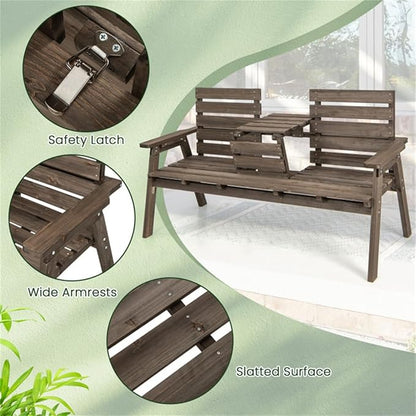 Rustic Outdoor Wooden Bench with Foldable Middle Table,63" 2-3 Persons Porch Bench with Wide Armrests and Slatted Surface,710 LBS Capacity Fir Wood Garden Bench,Coffee