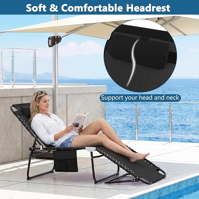 Giantex Patio Lounge Chairs for Outside - Set of 2 Folding Tanning Chair w/Headrest, 4 Adjustable Positions, Side Pocket, Outdoor Chaise Lounge for Camping, Pool, Sunbathing Beach Chair, Black