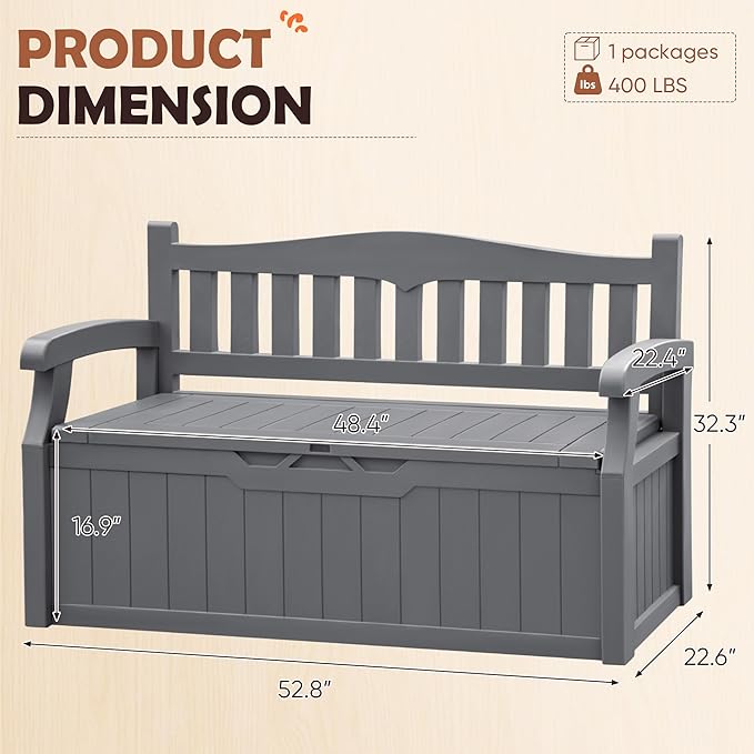 JUMMICO 80 Gallon Resin Outdoor Storage Bench, Large Deck Box with Armrest, Lockable&Waterproof for Garden, Home, Patio, Pools (Grey, 80 Gallon)