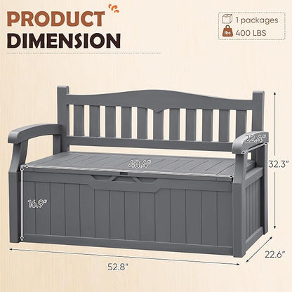 JUMMICO 80 Gallon Resin Outdoor Storage Bench, Large Deck Box with Armrest, Lockable&Waterproof for Garden, Home, Patio, Pools (Grey, 80 Gallon)