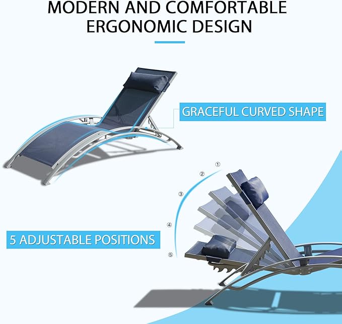 Domi Pool Lounge Chairs Set of 3, Adjustable Aluminum Outdoor Chaise Lounge Chairs with Metal Side Table, All Weather for Deck Lawn Poolside Backyard -Navy Blue Textilene