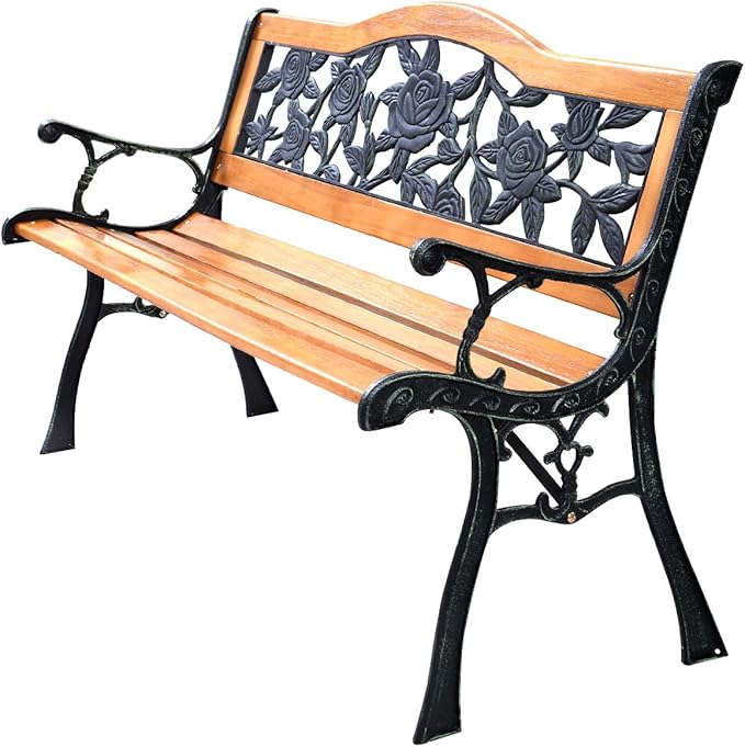 50'' Patio Park Garden Bench, Weather Proof Porch Path Chair, 470BLS Bearing Capacity Outdoor Furniture with Wood Frame, Rugged Durable Cast Iron Structure