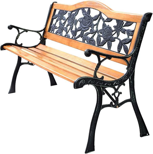 50'' Patio Park Garden Bench, Weather Proof Porch Path Chair, 470BLS Bearing Capacity Outdoor Furniture with Wood Frame, Rugged Durable Cast Iron Structure