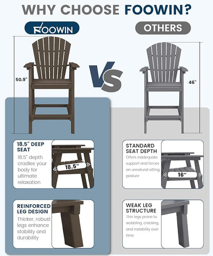 FOOWIN Tall Adirondack Chair Set of 2, All Weather HDPE Bar Height Adirondack Chair with Double Connecting Trays, Adirondack Barstools for Balcony, Deck, Backyard, Patio, Garden Walnut