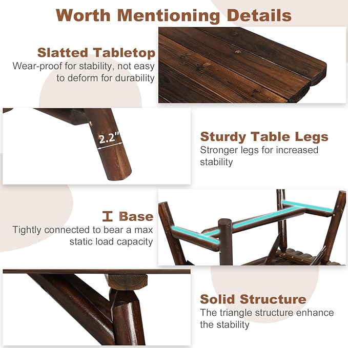 HOMEDIARY Outdoor Wood Rocking Bench Set, Patio Bistro Set-2 Person Rustic Adirondack Log Rocker with Side Table, Slatted Seat/High Backrest, Patio Rocking Furniture Set for Garden, Carbonized