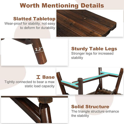 HOMEDIARY Outdoor Wood Rocking Bench Set, Patio Bistro Set-2 Person Rustic Adirondack Log Rocker with Side Table, Slatted Seat/High Backrest, Patio Rocking Furniture Set for Garden, Carbonized