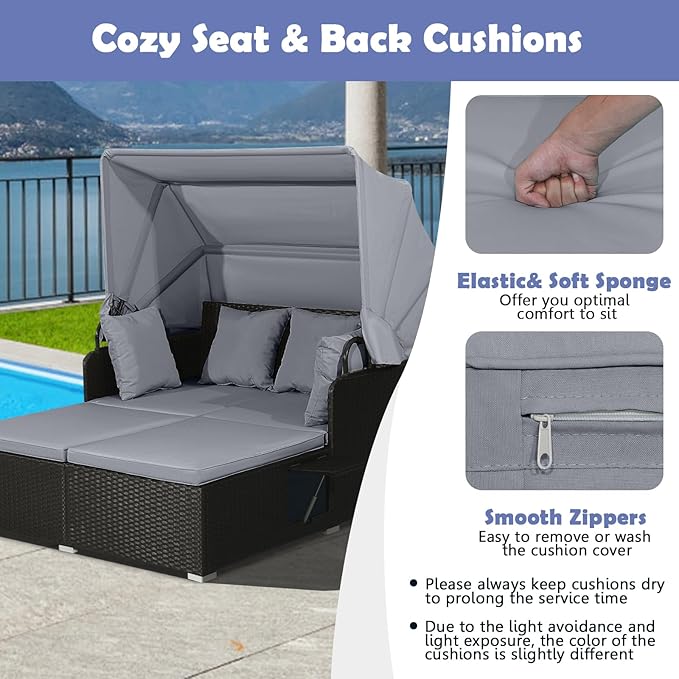 Tangkula Patio Rattan Daybed with Retractable Canopy, Outdoor Wicker Sunbed Lounger with 2 Foldable Side Tables - Photo 6