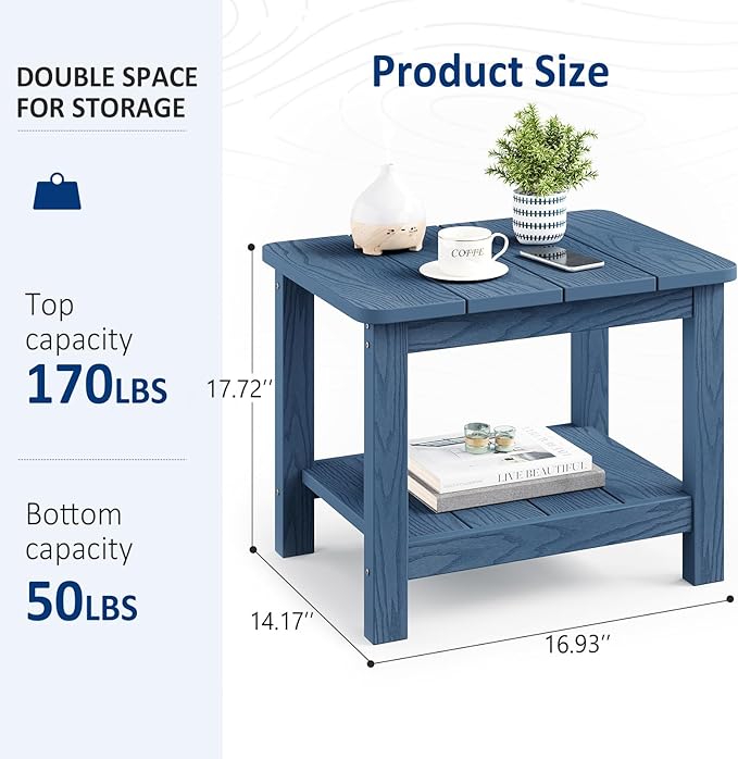 18" Outdoor Side Table, 2-Tier Patio Side Table, Weather Resistant, Easy Assembled, HIPS Adirondack Side Table for Backyard, Pool, Indoor, Blue