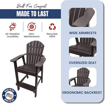 Phat Tommy Tall Adirondack Chair - HDPE Outdoor Furniture - Poly Adirondack Bar Stool - Heavy, Stress Free Furniture for Balcony, Deck, Patio, Front Porch, Brown