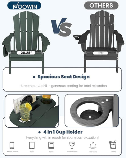 FOOWIN Folding Adirondack Chair Set of 8, HDPE Adirondack Chairs with Cup Holder, Weather Resistant Plastic Fire Pit Chairs for Outdoor, Patio, Lawn, Garden, Backyard, Deck, Green