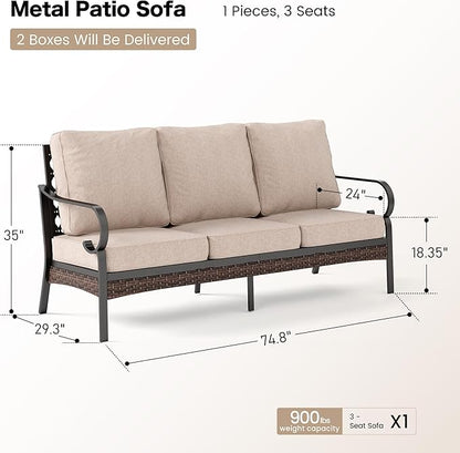 Metal Patio Furniture Sofa with 5.75" Extra Thick Cushion, 3-Seater Deep Seating & High-Back Black Frame Outdoor Couch All Weather Outdoor Seating for Deck Gazebo Porch, Beige