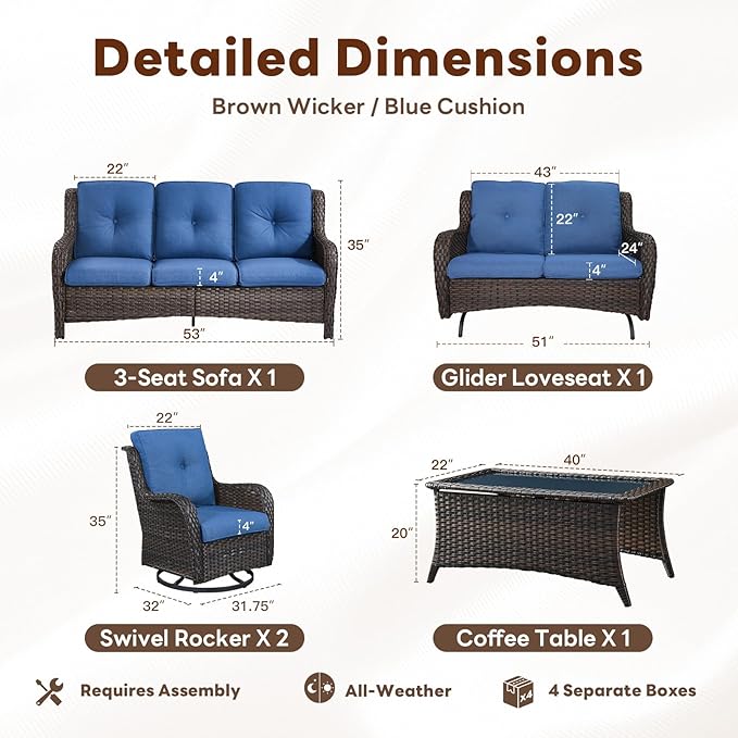 Belord 5 Piece Outdoor Wicker Furniture, Patio Swivel Rocking Chairs with Loveseat and 3 Seat Sofa - Photo 2