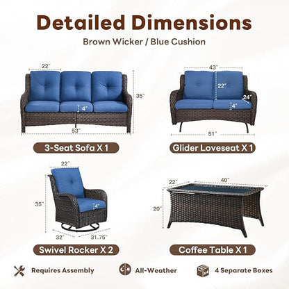 Belord 5 Piece Outdoor Wicker Furniture, Patio Swivel Rocking Chairs with Loveseat and 3 Seat Sofa,All Weather Patio Conversation Furniture Set, for Backyard Poolside Brown Wicker/Blue