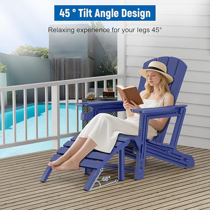 FONTOI Adirondack Ottoman, HDPE Plastic Adirondack Chair Footstool, All Weather Outdoor Footrest for Patio, Backyard, Lawn, Fire Pits, Navy Blue