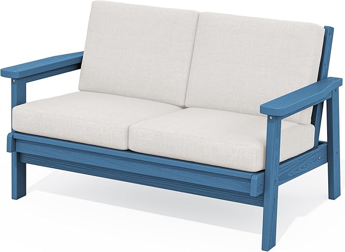 SERWALL HDPE Outdoor Patio Loveseat, Blue Frame and Khaki Cushion - Photo 1