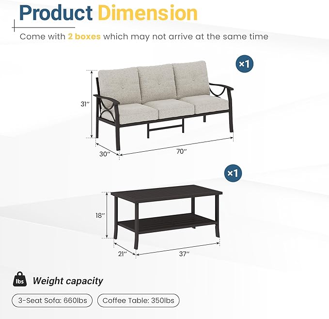 RoyalCraft 3 Seats Outdoor Patio Furniture Set, Outdoor Metal Sectional Furniture with Cushions - Photo 2