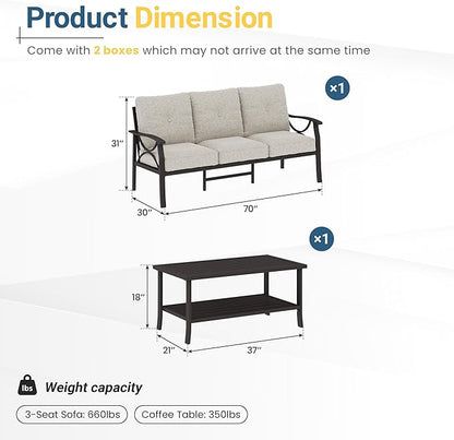 RoyalCraft 3 Seats Outdoor Patio Furniture Set, Outdoor Metal Sectional Furniture with Cushions, Outdoor Conversation Set with Coffee Table for Balcony, Backyard, Garden, Deck, Beige