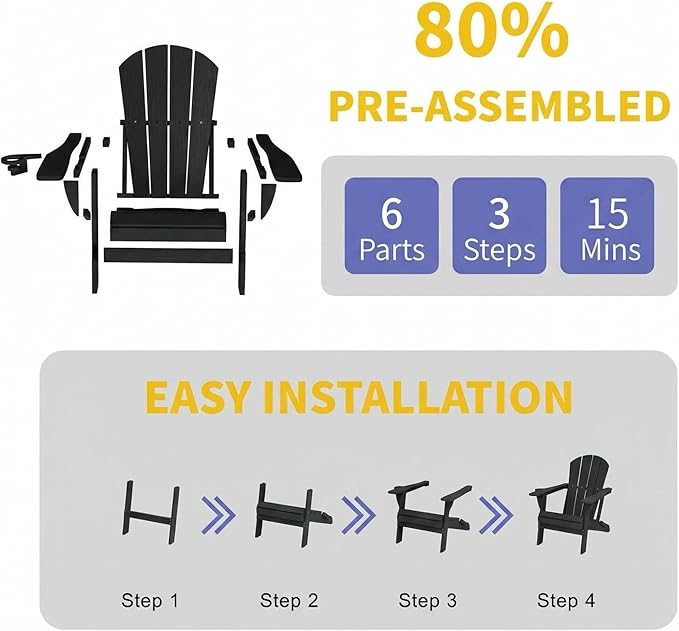 Kingdura Folding Adirondack Chairs Set of 2, Portable HDPE All Weather Resistant Outdoor Patio Chair, Wooden Textured with Cup Holder, 380LBS Capacity for Poolside, Backyard, Fire Pit (Black)