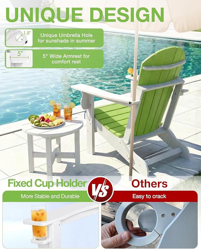 Folding Adirondack Chair –Recyclable HDPE Outdoor Adirondack Patio Chair with Cup Holder, Wood Texture & Umbrella Hole - Photo 6