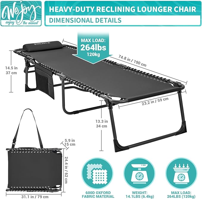 #WEJOY Folding Lounge Chair Outdoor, 5-Position Adjustable Sunbathing Tanning Chair with Shoulder Strap & Side Pocket - Photo 2