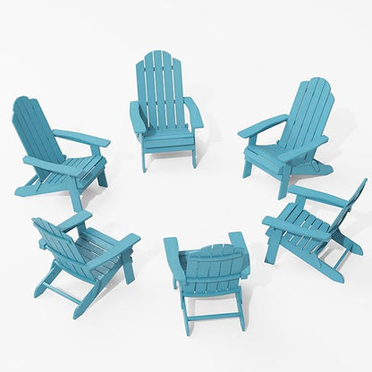 MXIMU Folding Adirondack Chair Set of 6 Weather Resistant Fire Pit Chairs Easy Assemble HIPS Plastic Outdoor Modern Adirondack Chairs for Patio, Lawn, Garden, Backyard, Deck(Blue)