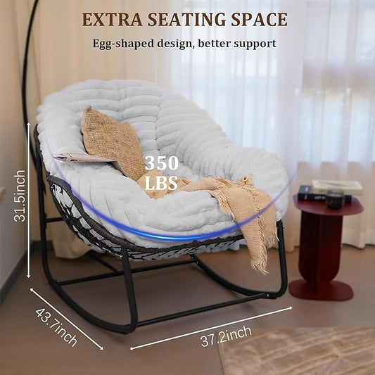Outdoor Rocking Chair, Patio Wicker Egg Chair, Indoor Comfy Oversized Papasan Chair with Padded Cushion, Royal Rattan Rocker for Front Porch, Garden, Patio (Light Grey)