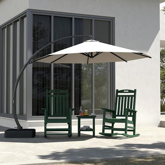 Classic Outdoor Rocking Chair Set with Side Table & 11FT Cantilever Umbrella, 4-Piece HDPE Rocking Lawn Chairs, All-Weather Porch Rocker Furniture for Patio, Deck, Garden (Navy Blue)