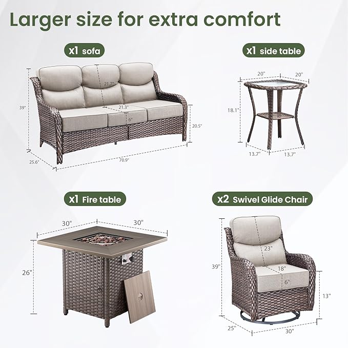 Luxury Patio Furniture Set with 6-inch Thick Cushion, Outdoor Furniture with Fire Pit Table, Swivel Chairs, Side Table - Photo 5