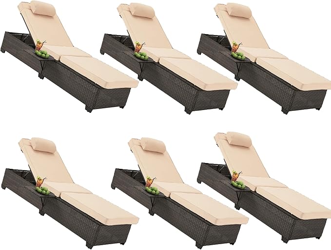 HOMREST PE Wicker Chaise Lounge Chairs Set of 6,Adjustable 5 Position Outside Rattanr Patio Pool Chair with Headrest,Cushion and Storage Rack for Poolside Backyard Porch,Khaki