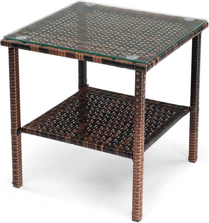 Outdoor Wicker Side Table,2-Layer Patio Rattan Garden Coffee End Square Table with Glass Top (Brown)