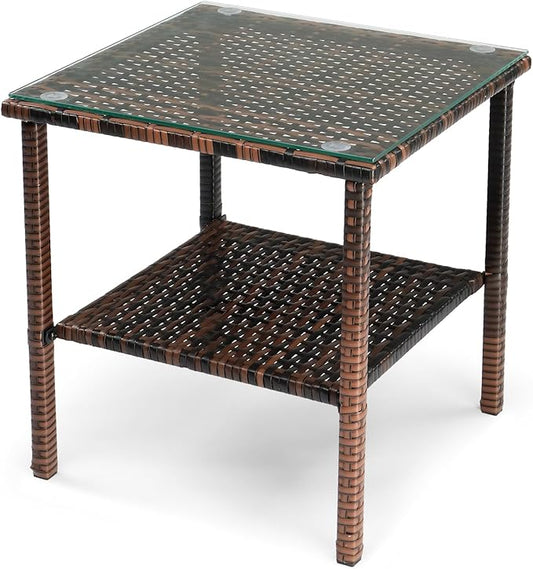 Outdoor Wicker Side Table,2-Layer Patio Rattan Garden Coffee End Square Table with Glass Top (Brown)