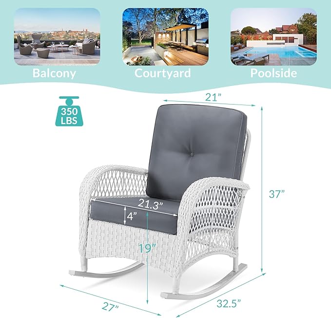 MEETWARM Outdoor Wicker Rocking Chair, Rattan Patio Rocker Chairs with Cushions and High Back, All-Weather Patio Wicker Chair with Safe Rocking Design for Garden Backyard Porch, White/Grey