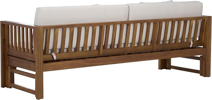 SAFAVIEH Outdoor Patio Furniture Collection - Napoli Brown & Cream Solid Wood Bench Convertible Daybed with Cushions, Versatile Patio Seating (PAT6805A)
