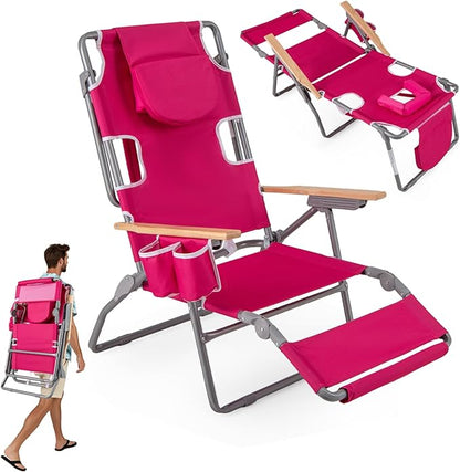 Goplus 3-in-1 Foldable Beach Chair, Lay-Flat Tanning Chair with Face and Arm Holes, Footrest, 330 lbs Heavy-Duty Portable Reclining Lounge Chairs for Outside, Camping, Patio, Poolside, Lawn (1,Red)