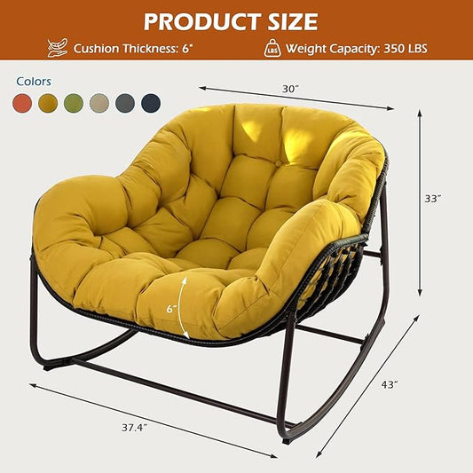Papasan Rocking Chair Indoor & Outdoor, Oversized Egg-Shaped Papasan Rocker with Cushion & Pillow, All-Weather Wicker Patio Lounge Chair for Garden, Porch, Living Room (Yellow)