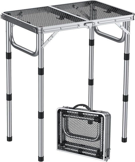 Anbte 2ft Folding Grill Table, Adjustable Height Max 27.5" Aluminum Camping Table, Heat-Resistant Tabletop, Lightweight, Portable Handle for Travel Cooking BBQ Picnic, 22.8" x 16", Silver