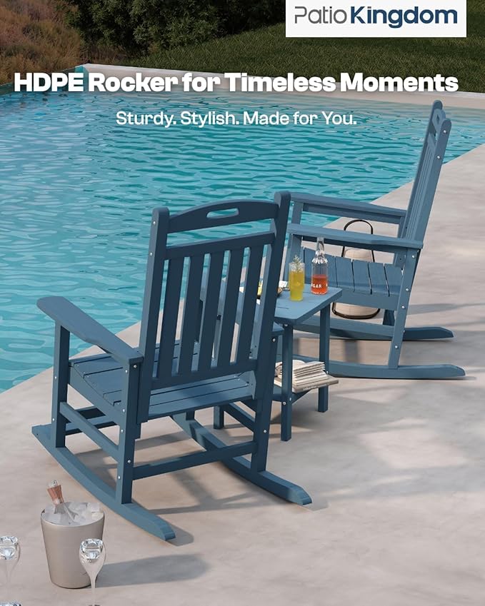 Classic Outdoor Rocking Chair Set of 1, HDPE Patio Rocking Chairs with Slat Back & Wide Armrests - Photo 6